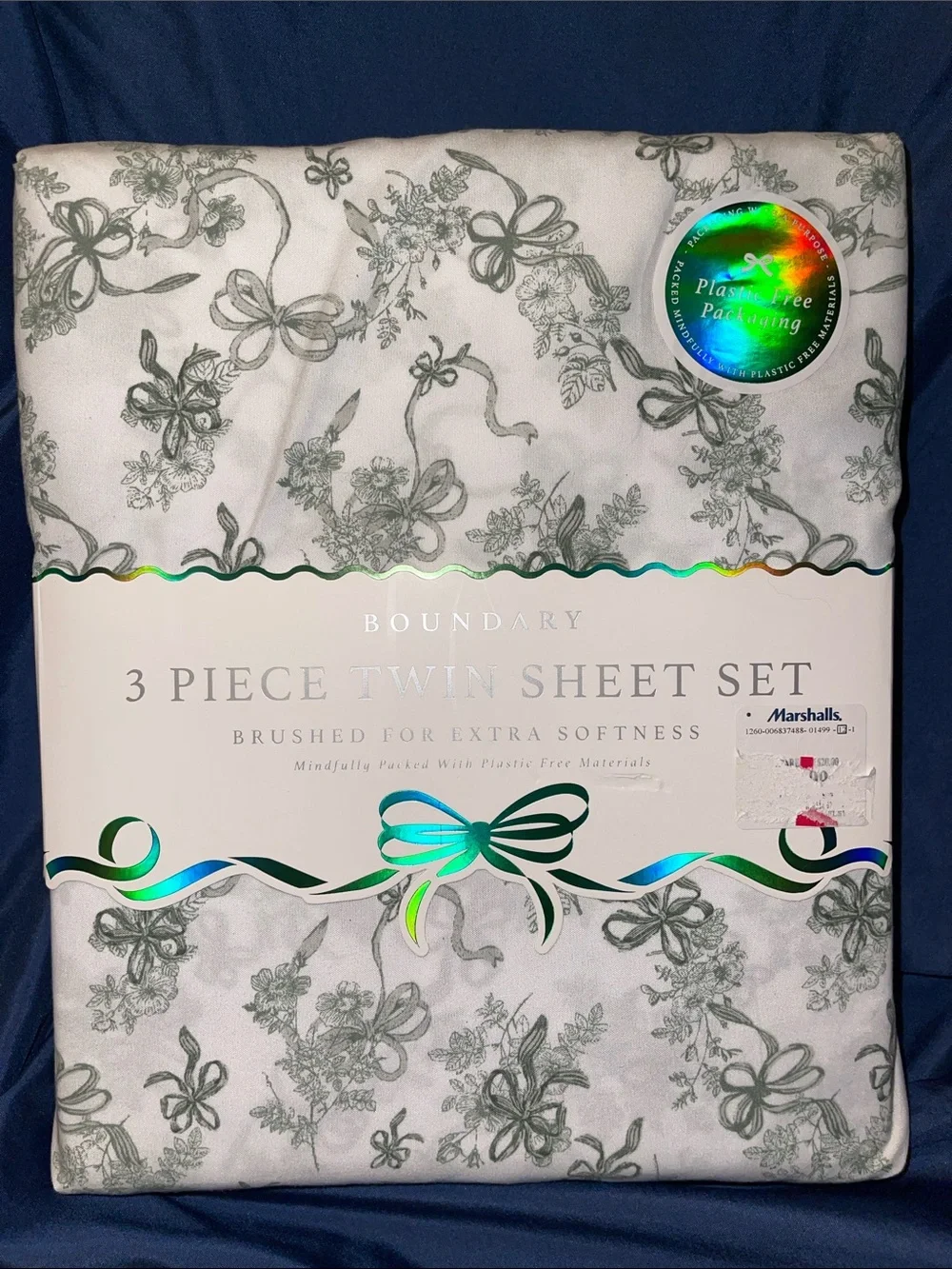 Boundary 3-Piece Twin Sheet Set in Light Gray Floral and Ribbons